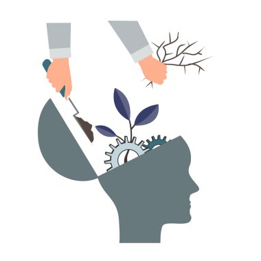 Psikoterapi ya da NLP sembolü, Doğal Dil İşleme ya da Zihinsel Gelişim ikonu. Kişisel gelişim ve kendini geliştirme vektör kavramı. Dişliler ve ağaçlarla dolu insan kafası