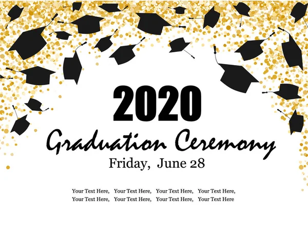 stock vector Graduation Class Ceremony of 2020 greeting cards set with gold confetti. Vector grad party invitation poster