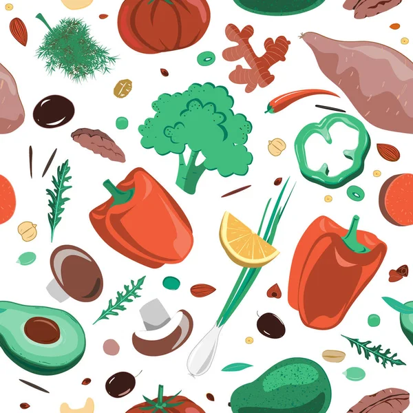 Stylish Seamless pattern with hand drawn red and green vegetables. Flat pepper, tomato, broccoli, onion, mushrooms, yam, cucumber. Vegetarian healthy food vector texture. Vegan, farm, organic, detox — Stock Vector