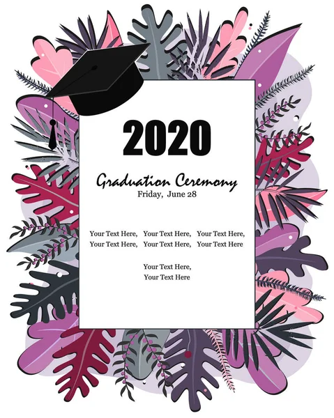 2020年卒業式のお知らせバナー。白い背景にキャップと熱帯の葉。スタイリッシュなベクトルイラスト、バナーデザイン — ストックベクタ