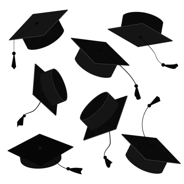 Tapas de graduados en el aire. Dibujos animados vectoriales ilustración de sombreros de grado en diferentes posiciones aisladas sobre fondo blanco — Vector de stock
