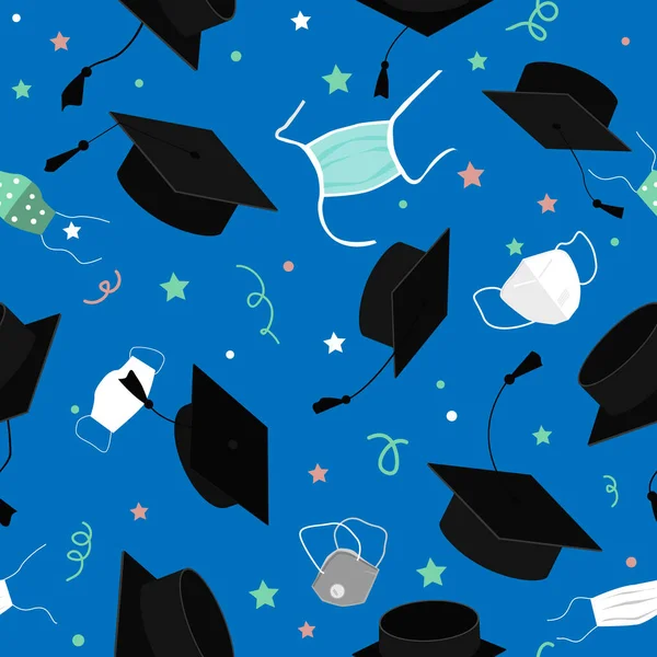 Patrón sin costuras de graduación divertida con gorros y máscara médica en el aire. Máscaras voladoras y sombreros de notas, Cuarentena 2020 Concepto de ceremonia de graduado, ilustración vectorial — Vector de stock