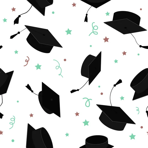 Tapas de graduado en el aire, patrón sin costuras. Vector de dibujos animados sombreros de grado en diferentes posiciones aisladas sobre fondo blanco — Vector de stock