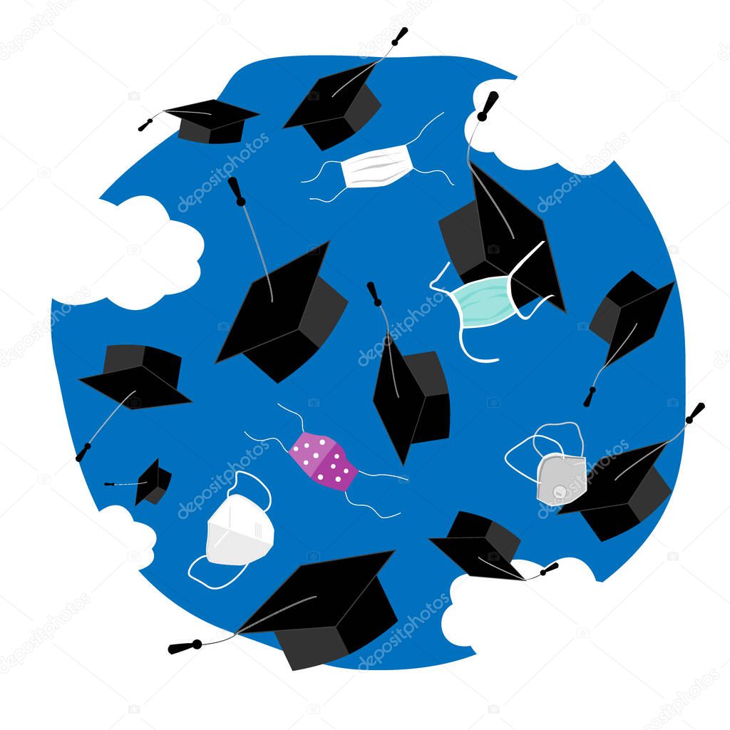 Funny graduation round background with bonnets and medical masks in the air. Flying masks and grads hats, Quarantine 2020 Graduation ceremony concept, vector illustration