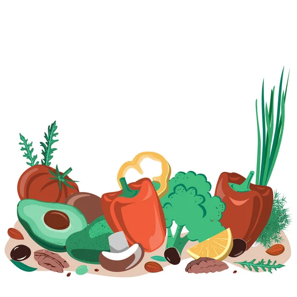 Η νηστεία μιμείται τα τρόφιμα διατροφής, FMD προϊόντα διανυσματική απεικόνιση. Λαχανικά, μανιτάρια, ελιές και ξηροί καρποί. — Διανυσματικό Αρχείο