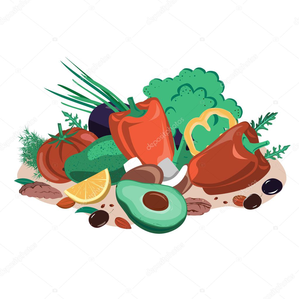 Vegetables, seeds, mushrooms, and nuts composition. Healthy food vector illustration. Fasting mimicking diet food, FMD. High fats and low carbohydrates products to lose weight and improve body health