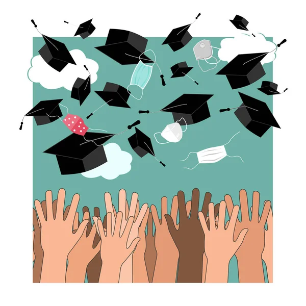 Funny graduation vector background with hands, and bonnets and medical masks in the air. Flying masks and grads hats, Quarantine 2020 Graduation ceremony concept — Stock Vector