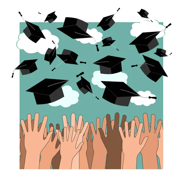 University graduation ceremony flat illustration. Higher education, bachelor, master degree. Multicultural students throwing mortar boards isolated clipart. International college grad — Stock Vector