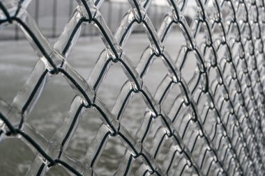 Arka plan. Buz metal kılavuzunda. Kışın, yağmur ve çit mesh dondu