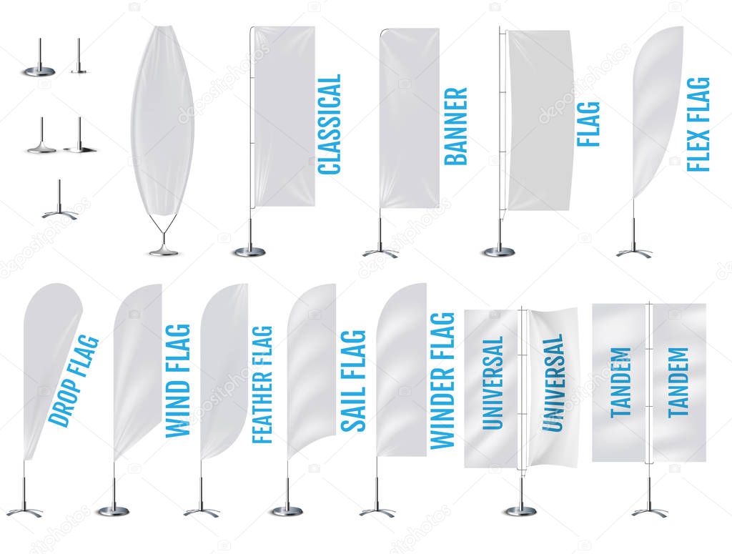 Download Realistic Banner Flag 3d Mockup On White Backdrop White Empty Banner Flags And Parts Kit 321712018 Larastock