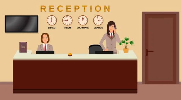 Hotel reception service. Business office desk concept. Two women receptionists.