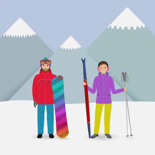 Winter sport people. Man with a snowboard and woman with skis on a mountains background.