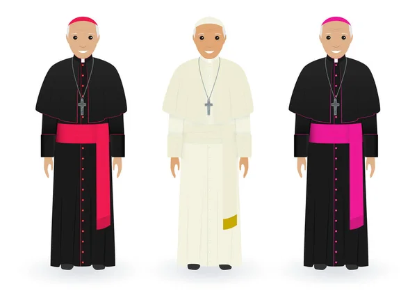 Pope, cardinal and bishop in characteristic clothes isolated on white background. Catholic priests. Religion people.