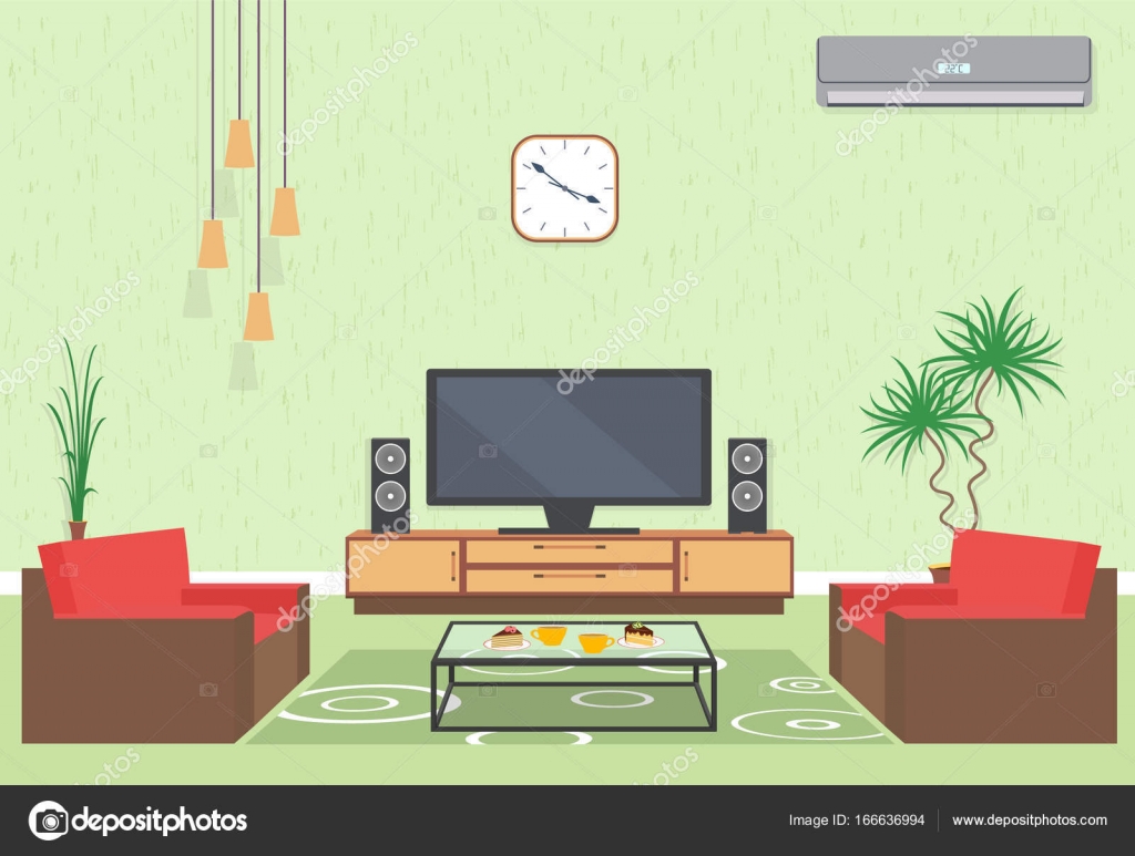 Interior Design Of Living Room In Flat Style With Furniture Sofa Table Tv Flower Air Conditioning And Clock Stock Vector Royalty Free Vector Image By C Generationclash85 Gmail Com 166636994