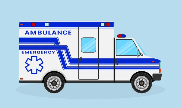 Ambulance car. Emergency medical service vehicle. Blue color hospital transport.