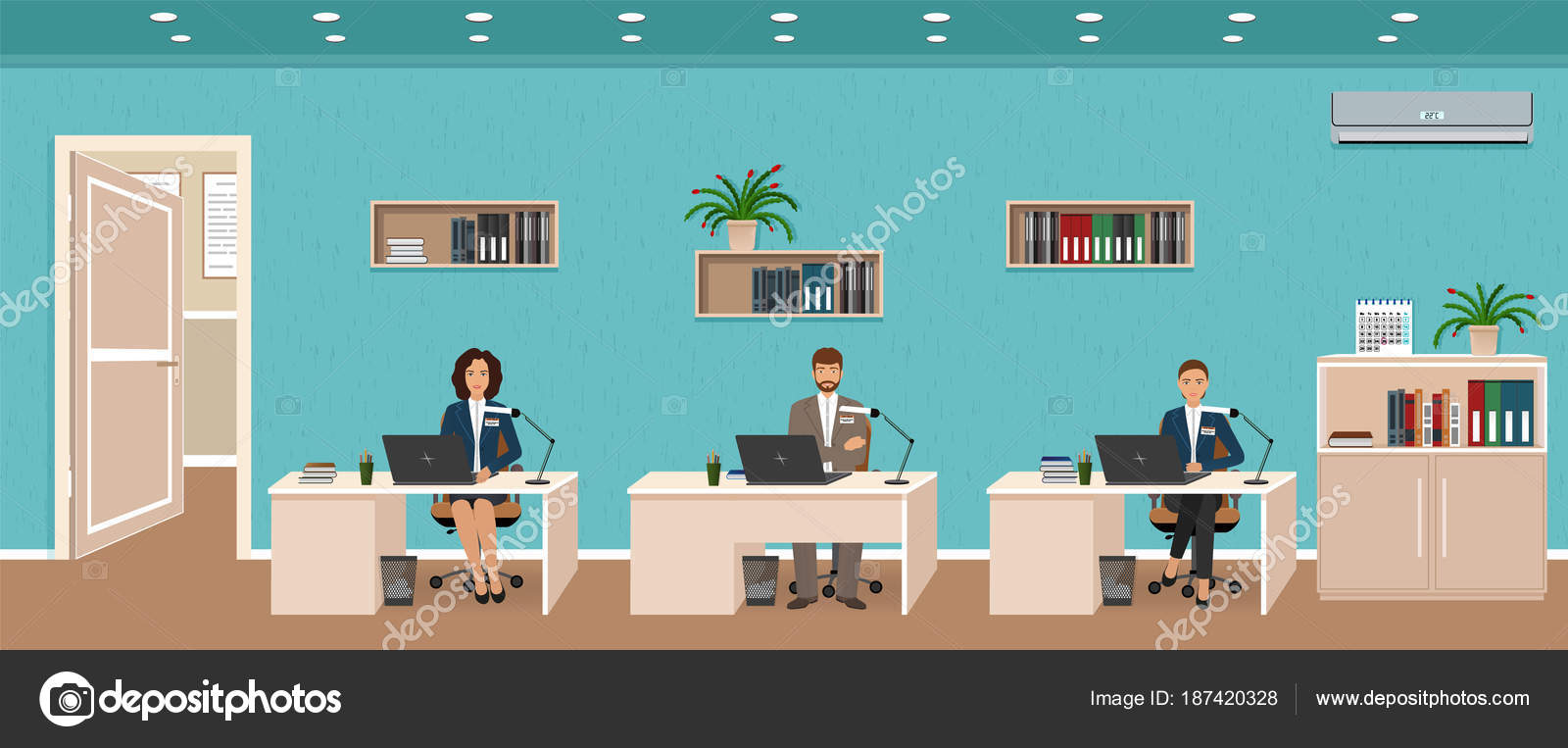 Office Room Interior With Three Workplaces Working Employee And