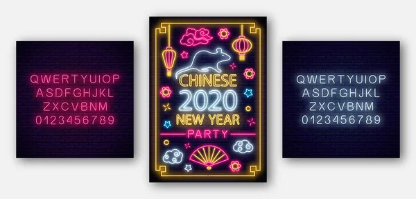 2020 Chinese New year poster in neon style with red and white alphabet. Celebrate invitation of asian lunar new year