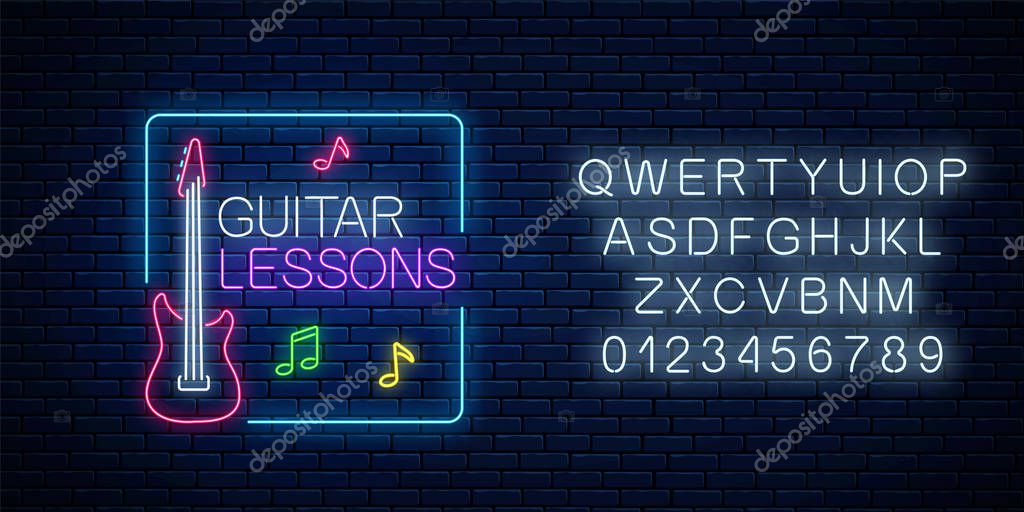 Guitar Lessons Glowing Neon Poster Or Banner Template With Alphabet Guitar Training Advertising Flyer In Neon Style On Dark Brick Wall Background Vector Illustration Premium Vector In Adobe Illustrator Ai