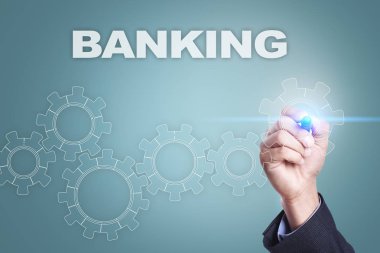 Sanal ekran üzerinde çizim iş adamı. Bankacılık kavramı.