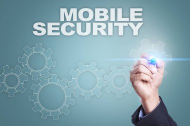 Sanal ekran üzerinde çizim iş adamı. Mobil güvenlik kavramı