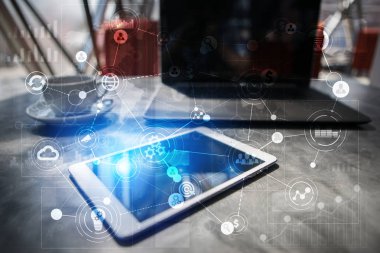 Metin, arka plan ile kutsal kişilerin resmi için şablon. İş, internet, teknoloji kavramı