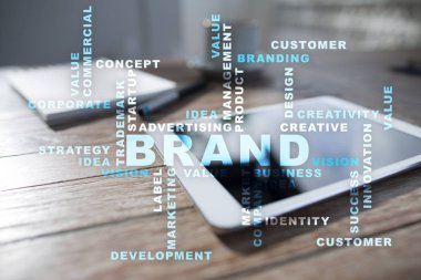 Marka kavramı sanal ekran üzerinde. İş kavramı. Kelime bulutu.