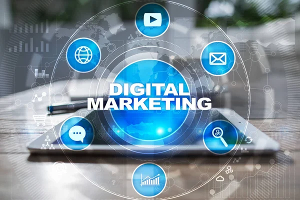 Ψηφιακό μάρκετινγκ τεχνολογίας έννοια. Στο διαδίκτυο. Σε απευθείας σύνδεση. SEO. Διαφήμιση SMM.. — Φωτογραφία Αρχείου
