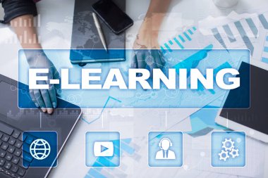 E-öğrenme sanal ekran üzerinde. Internet eğitim kavramı.