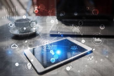 Metin, sanal ekran arka plan ile kutsal kişilerin resmi için şablon. teknoloji kavramı.