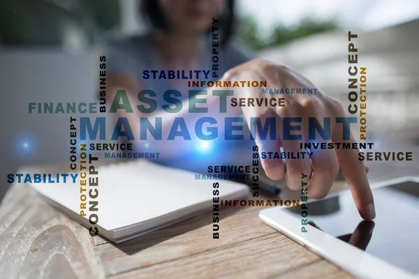 Asset management on the virtual screen. Business concept. Words cloud. — Stock Photo, Image