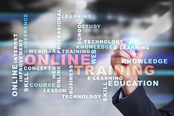 Online školení na virtuální obrazovce. Koncepce vzdělávání. Slova v cloudu. — Stock fotografie