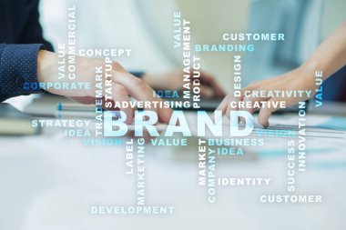 Marka kavramı sanal ekran üzerinde. İş kavramı. Kelime bulutu.