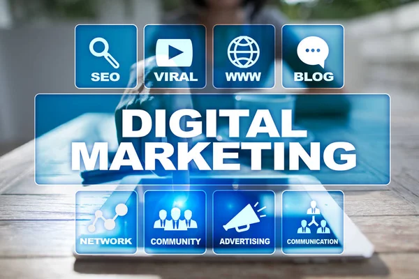 Digitális marketing technológia koncepció. Internet. Online. SEO. SMM. reklám. — Stock Fotó