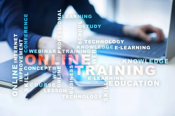 Online training on the virtual screen. Education concept. Words cloud. — Stock Photo, Image