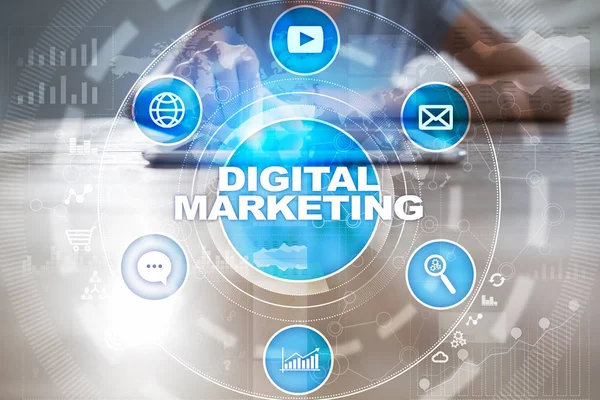 Concetto di tecnologia di marketing digitale. Internet. In linea. SEO. SMM. Pubblicità . — Foto Stock