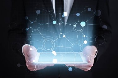 Metin, sanal ekran arka plan ile kutsal kişilerin resmi için şablon. teknoloji kavramı.