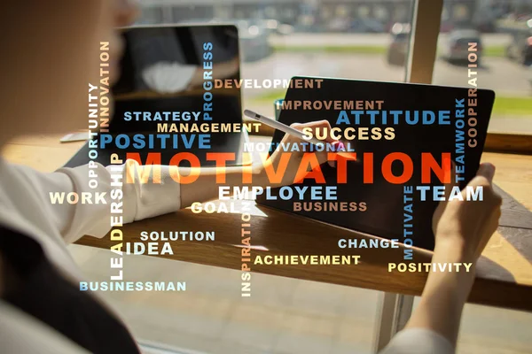 Concepto de motivación en la pantalla virtual. Palabras nube . — Foto de Stock