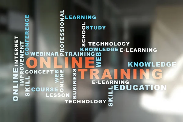 Online training on the virtual screen. Education concept. Words cloud. — Stock Photo, Image