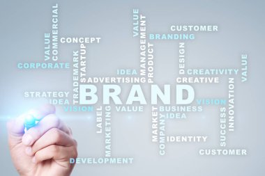 Marka kavramı sanal ekran üzerinde. İş kavramı. Kelime bulutu.