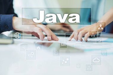Java sanal ekran üzerinde. İş, teknoloji ve internet kavramı.