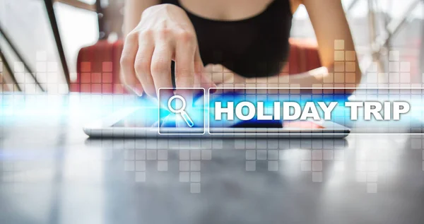 Woman using tablet pc and selecting holiday trip. — Stock Photo, Image