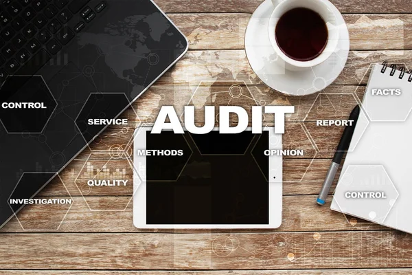 Audit business concept. Auditor. Compliance. Virtual screen technology. — Stock Photo, Image