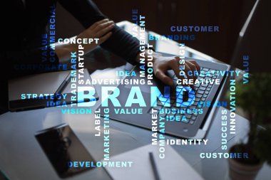 Marka kavramı sanal ekran üzerinde. İş kavramı. Kelime bulutu