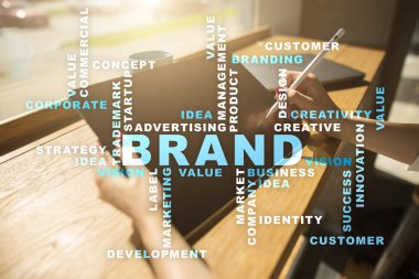 Marka kavramı sanal ekran üzerinde. İş kavramı. Kelime bulutu