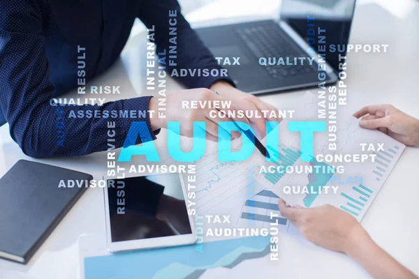 Audit business concept. Auditor. Compliance. Virtual screen technology.