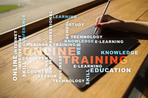 Online training on the virtual screen. Education concept. Words cloud