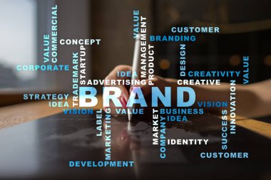 Marka kavramı sanal ekran üzerinde. İş kavramı. Kelime bulutu.