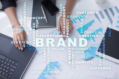 Marka kavramı sanal ekran üzerinde. İş kavramı. Kelime bulutu.