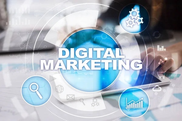 Concetto di tecnologia di marketing digitale. Internet. In linea. SEO. SMM. Pubblicità . — Foto Stock