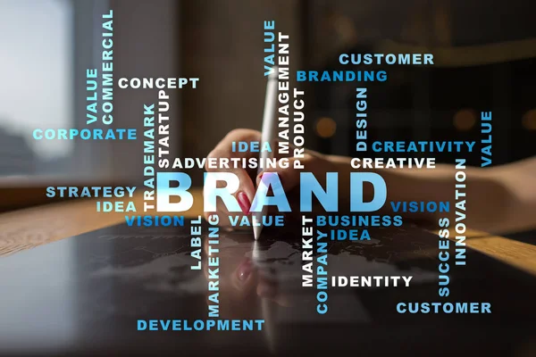 Marka kavramı sanal ekran üzerinde. İş kavramı. Kelime bulutu.